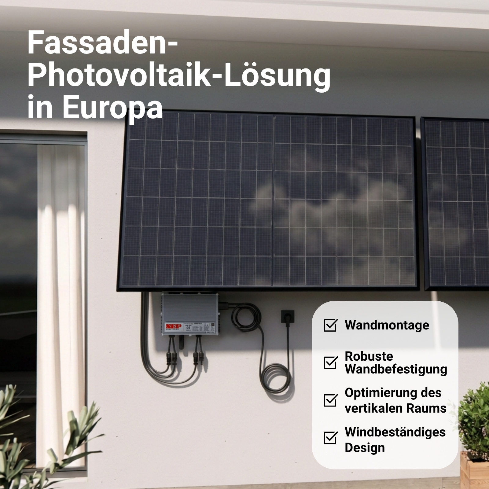 Solarpanele an einer Hauswand mit Wechselrichter, Steckdose und Textoverlay auf Deutsch.