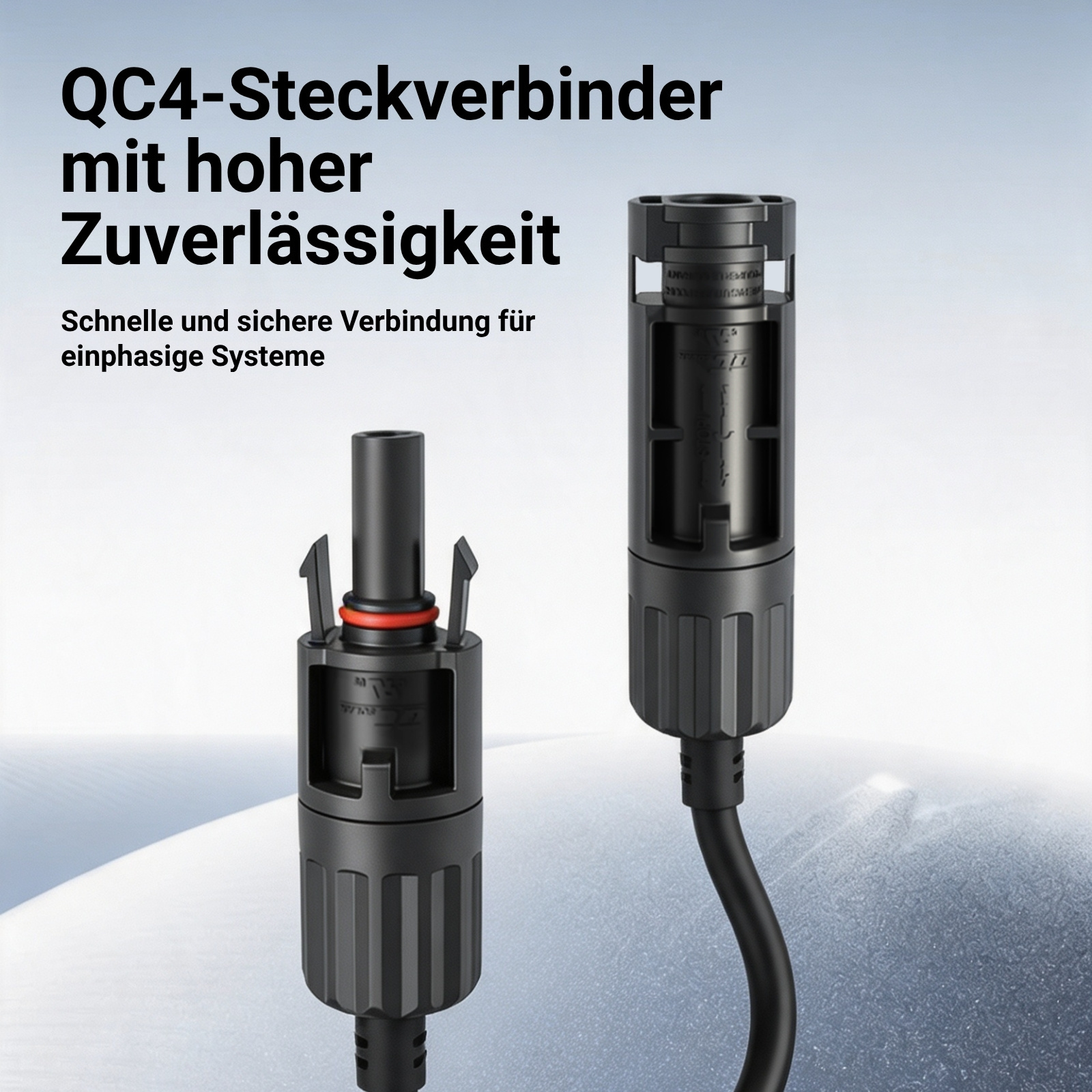 Zwei schwarze QC4-Steckverbinder vor einem verschwommenen Hintergrund mit deutschem Werbetext.