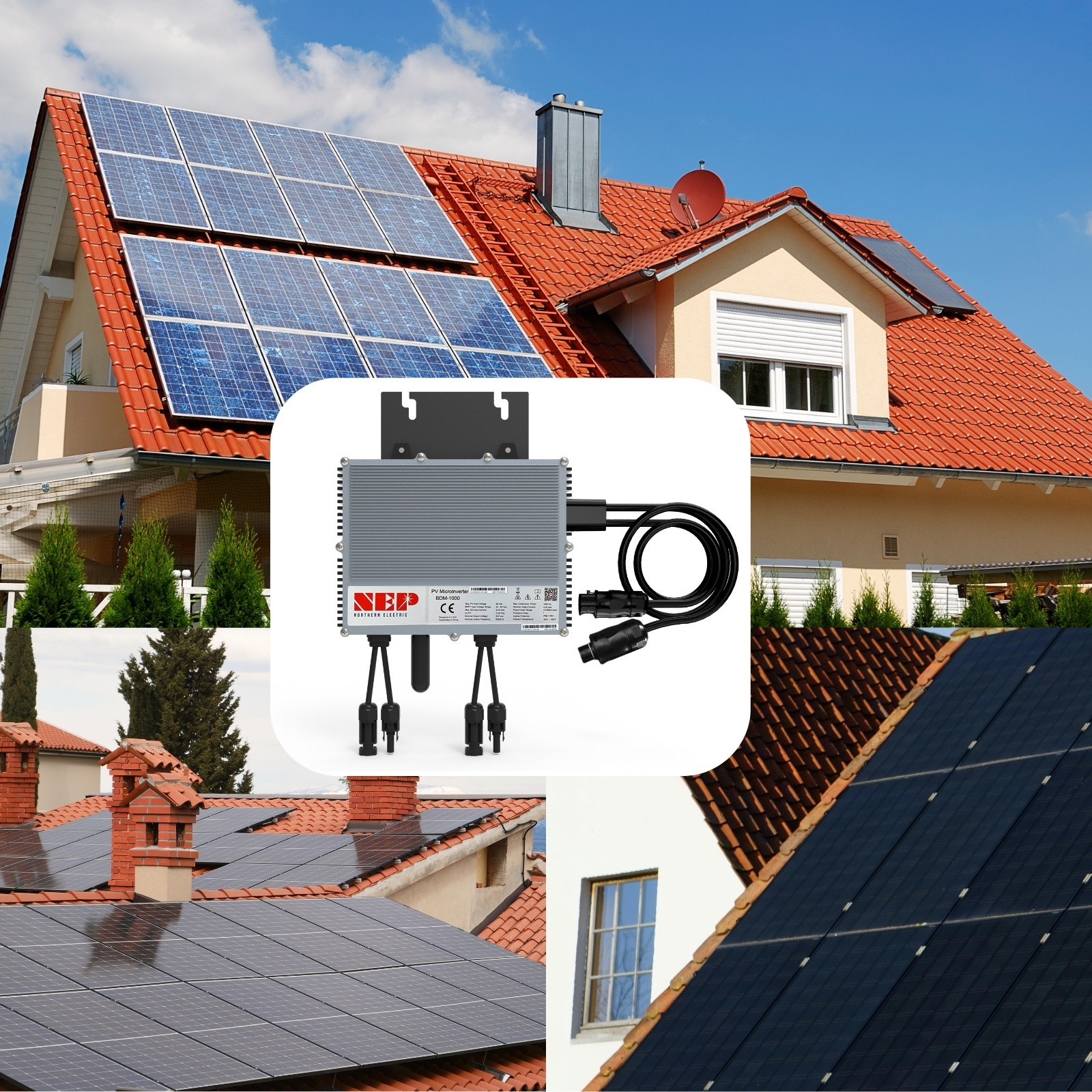 Collage zeigt Solarmodule auf roten Ziegeldächern und einen Mikrowechselrichter mit Kabeln in der Mitte.