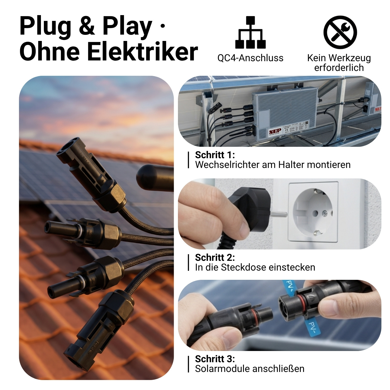 Schritt-für-Schritt-Anleitung für die einfache Installation von Solarmodulen ohne Elektriker oder Werkzeug.