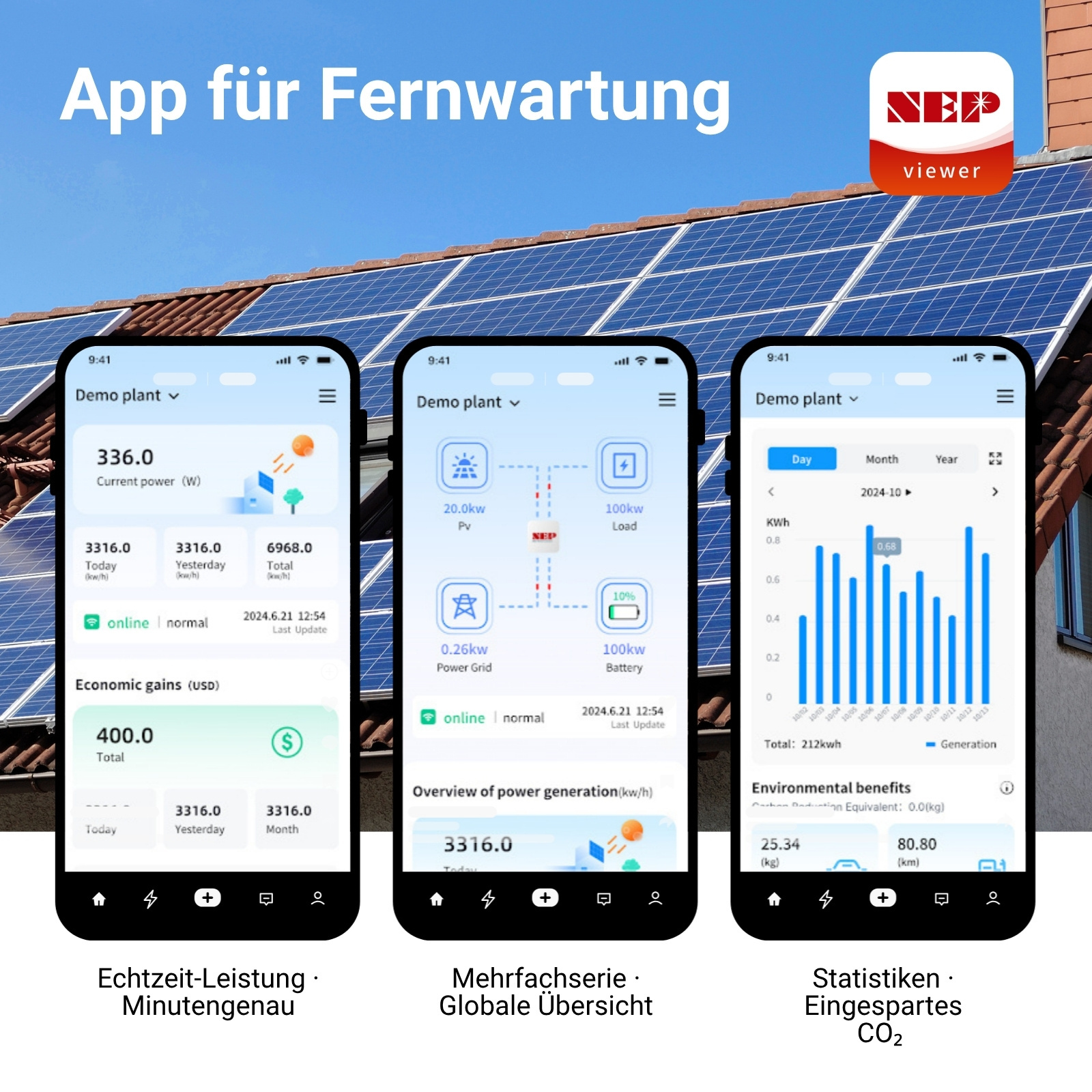 Drei Smartphones zeigen Solar-App-Oberflächen vor einer Solaranlage.