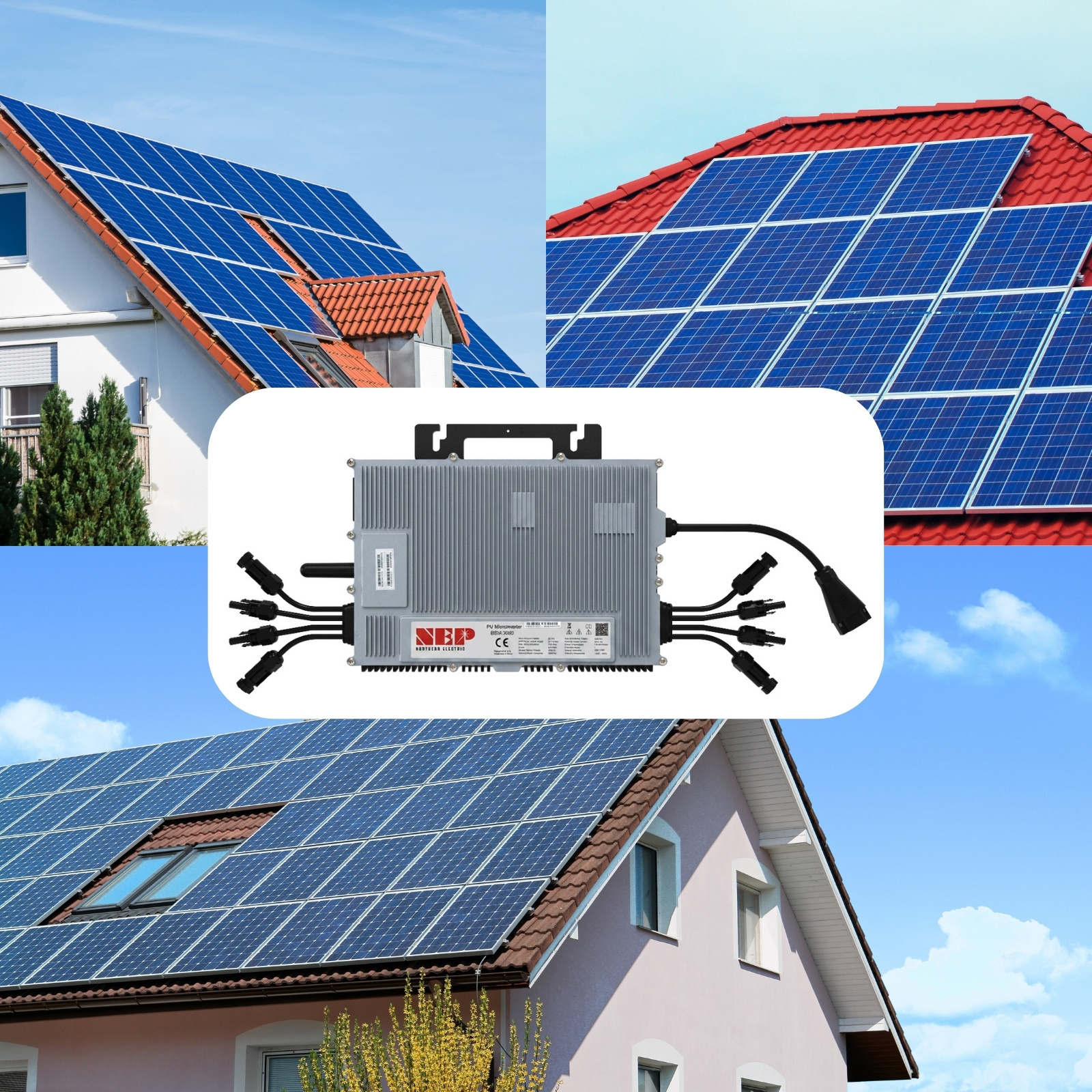 Collage mit einem Solarwechselrichter, überlagert auf Häuser mit Solaranlagen auf den Dächern.