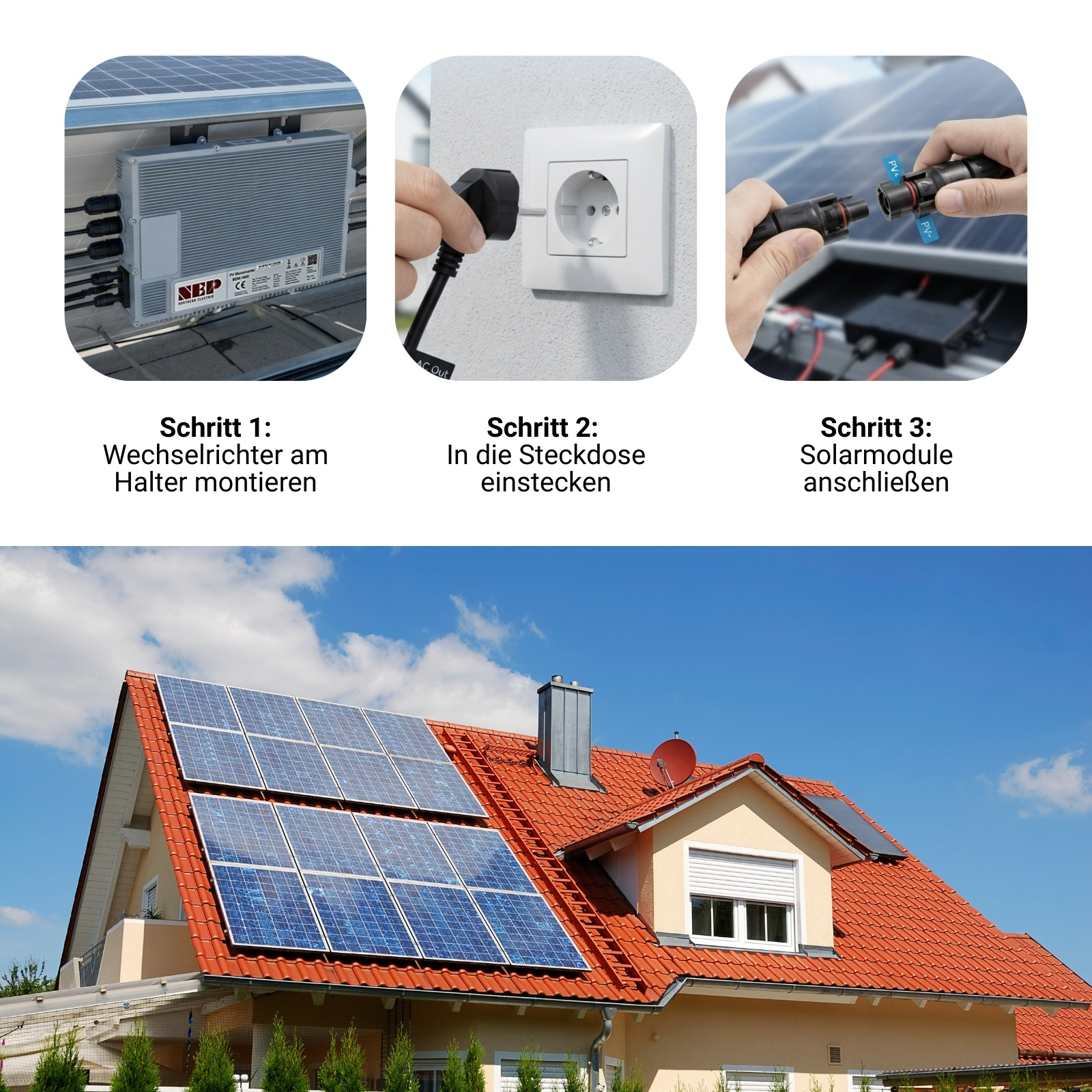 Anleitung in drei Schritten zur Installation von Solarmodulen auf einem Hausdach mit Photovoltaikanlage.