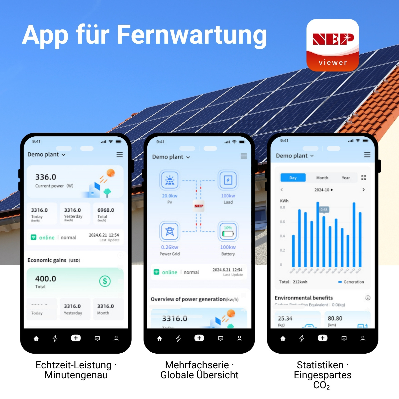 Drei Smartphones zeigen solar-App-Daten vor einem Hausdach mit Solaranlagen.