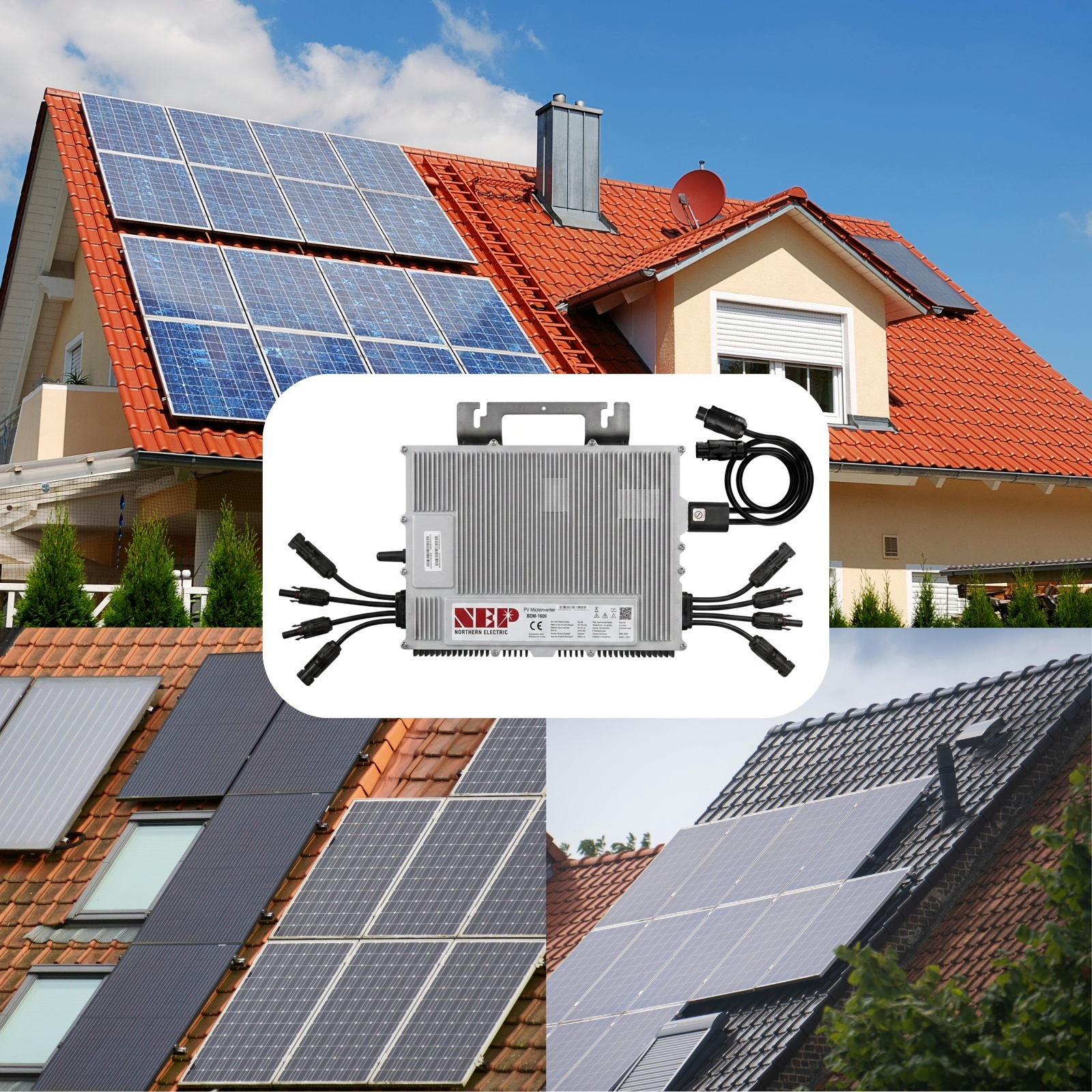 Ein Solar-Mikrowechselrichter vor einer Collage von Häusern mit Solaranlagen auf den Dächern.