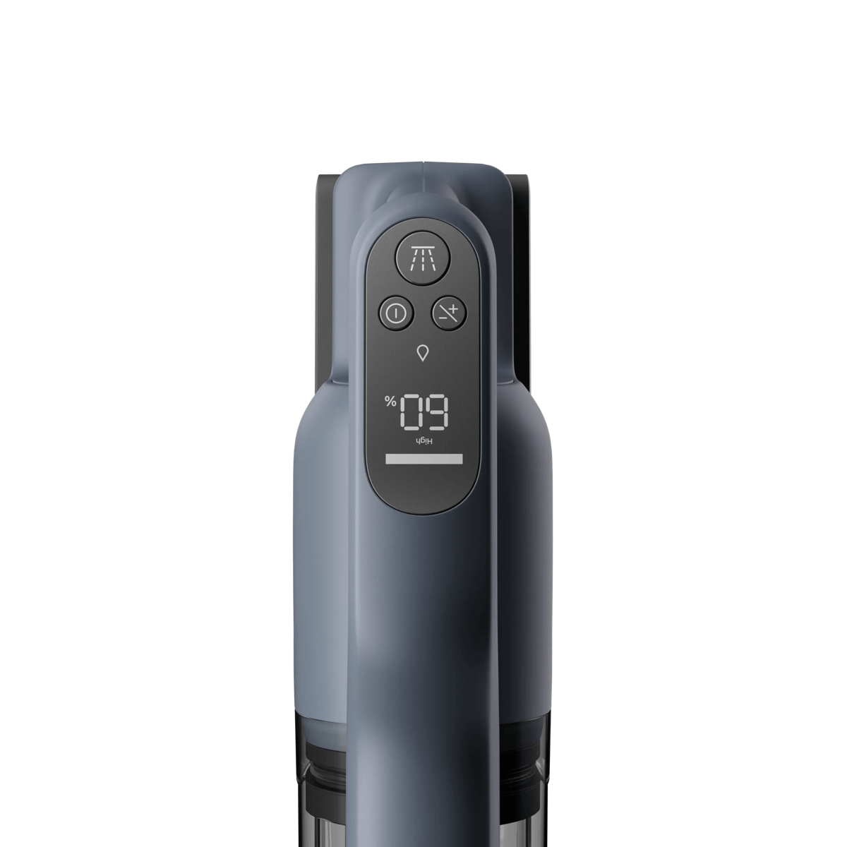 Vista superior de un mango de aspiradora inalámbrica gris con botones de control y pantalla digital al 60%.