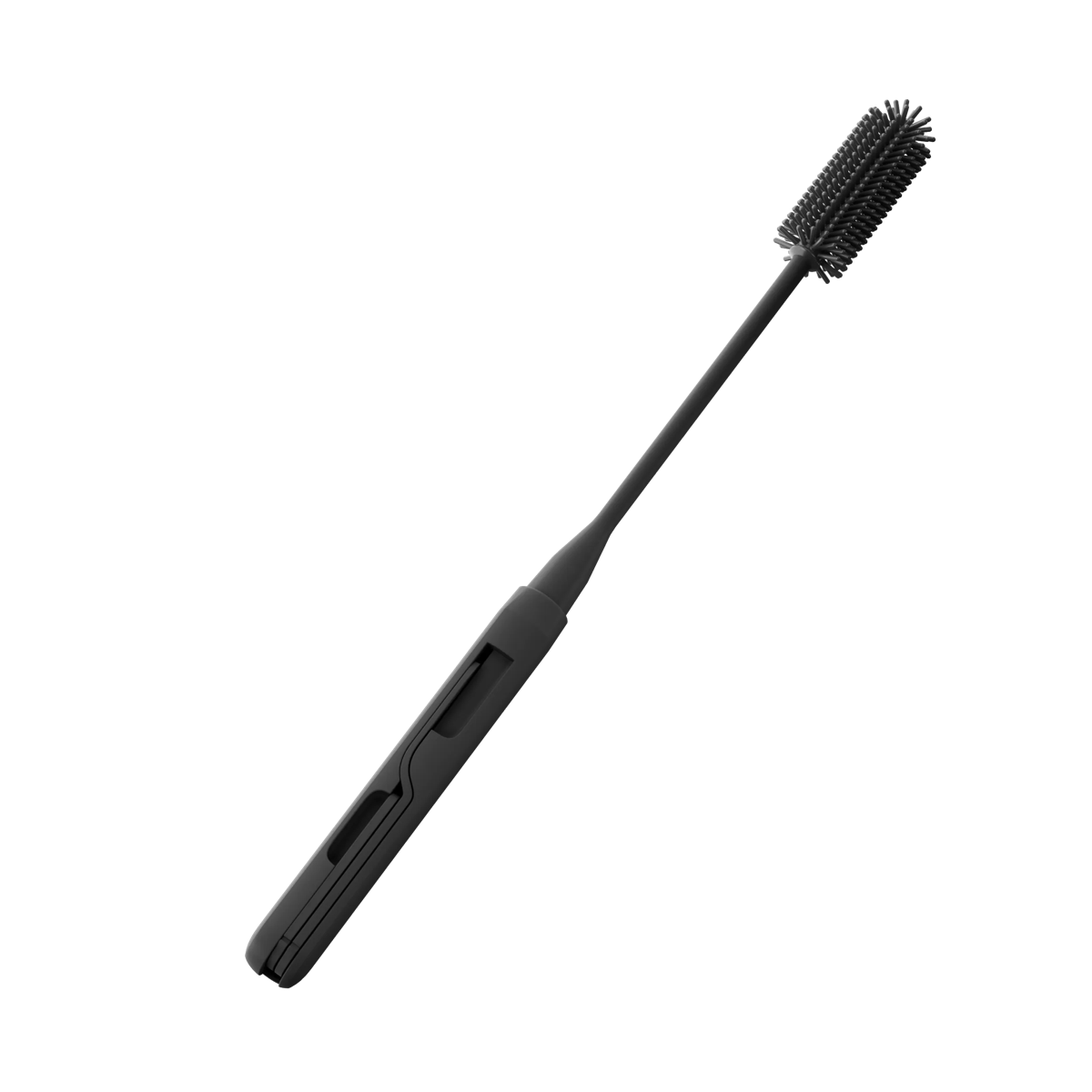 Escobilla de baño de silicona negra con mango largo sobre fondo blanco.
