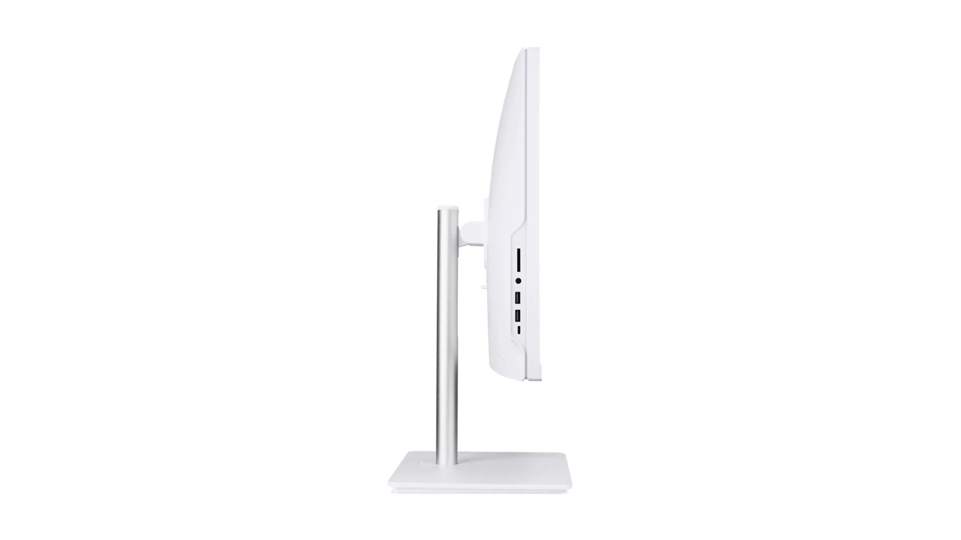 Vista laterale di un computer all-in-one bianco con supporto argento su sfondo bianco.