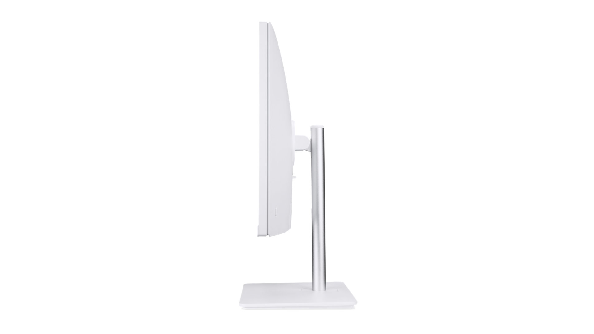 Vista laterale di un monitor bianco con supporto argento su sfondo bianco.