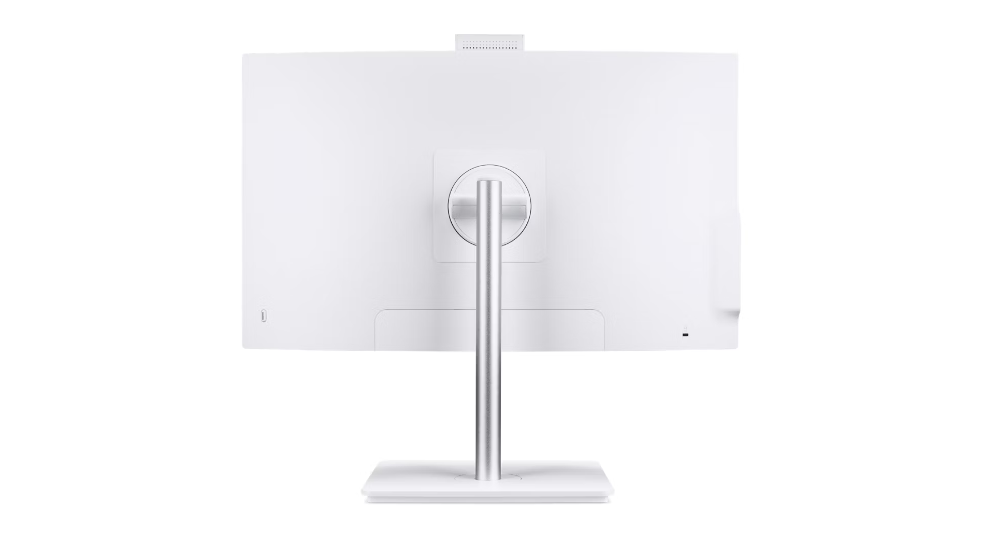 Vista posteriore di un monitor bianco con supporto argentato e telecamera in cima.