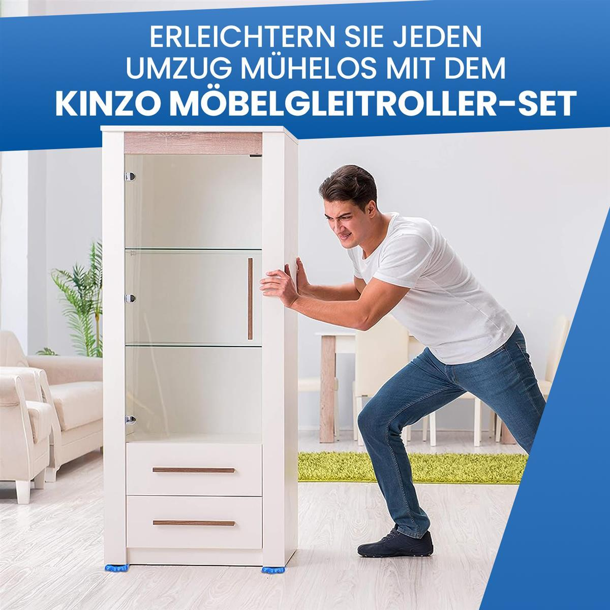Ein Mann in weißem Shirt und Jeans schiebt mühelos einen weißen Schrank mit Rollen in einem hellen Raum.