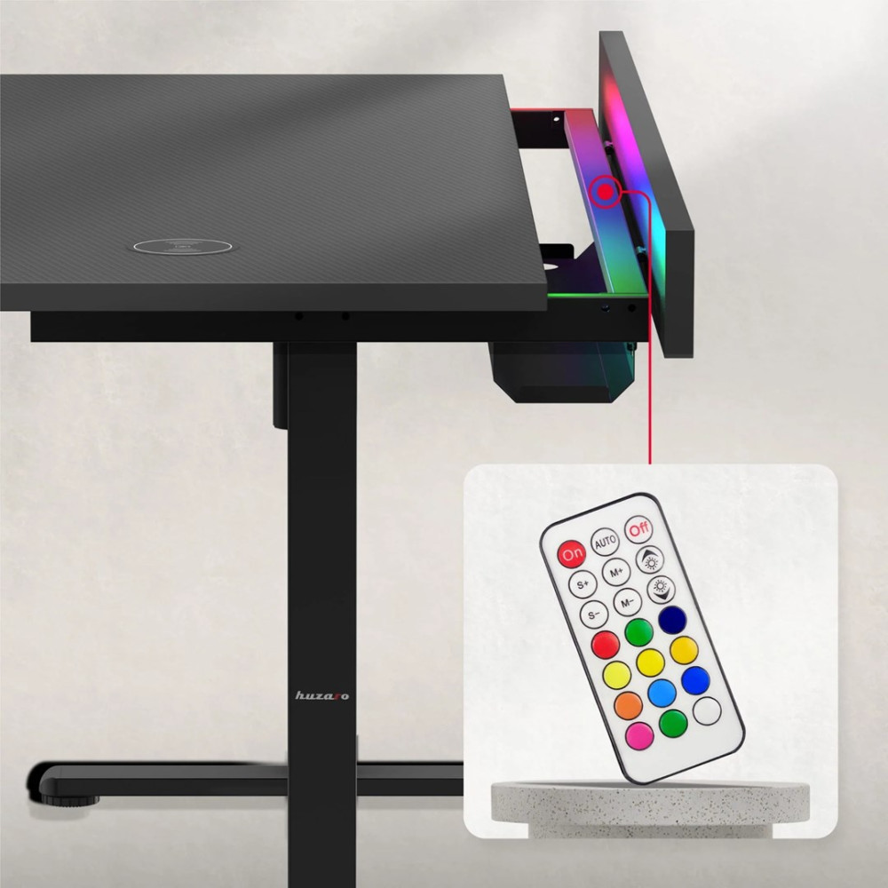 Czarne biurko z oświetleniem RGB z boku, sterowane za pomocą pilota.