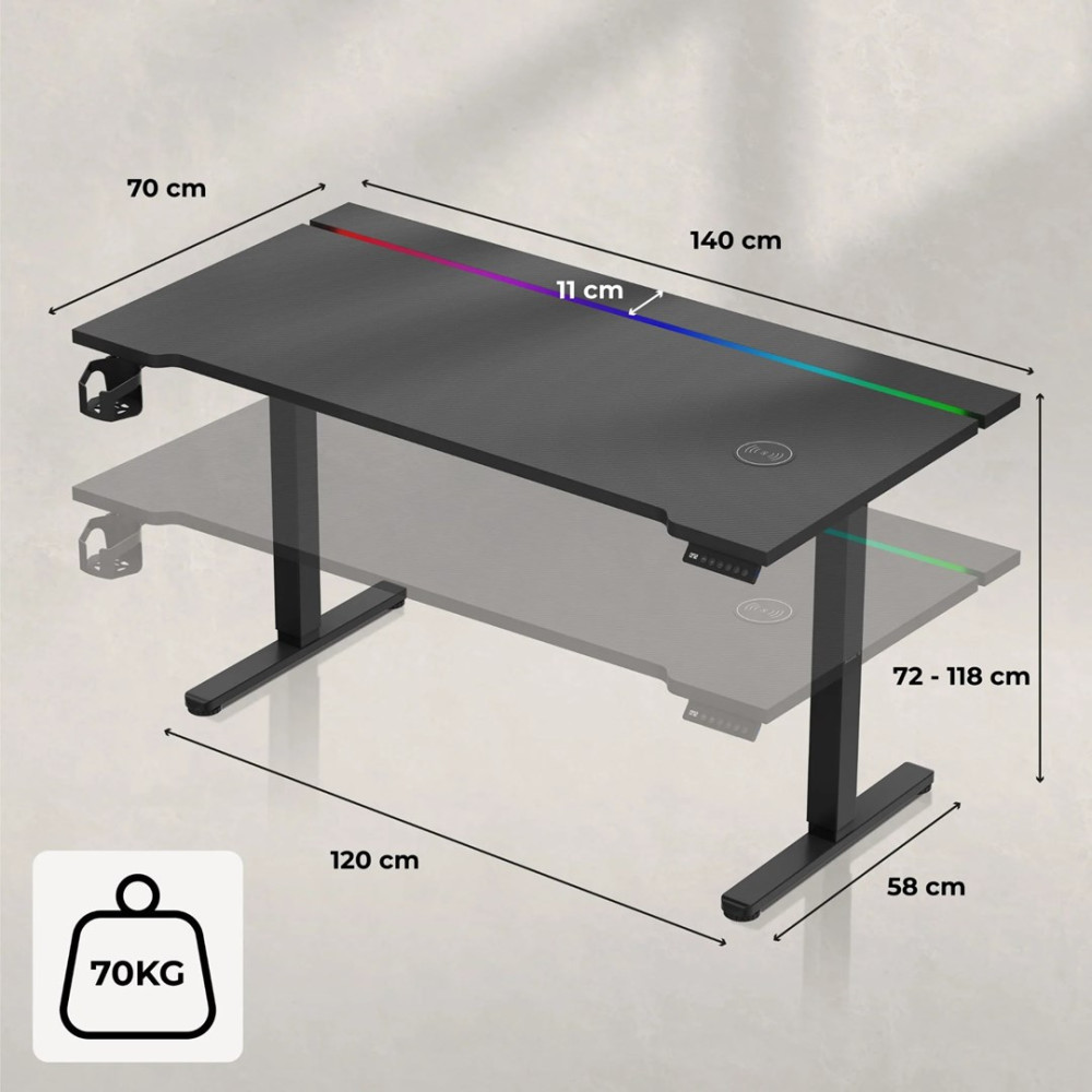 Regulowane czarne biurko z paskiem LED, wymiarami i limitem wagowym 70 kg.