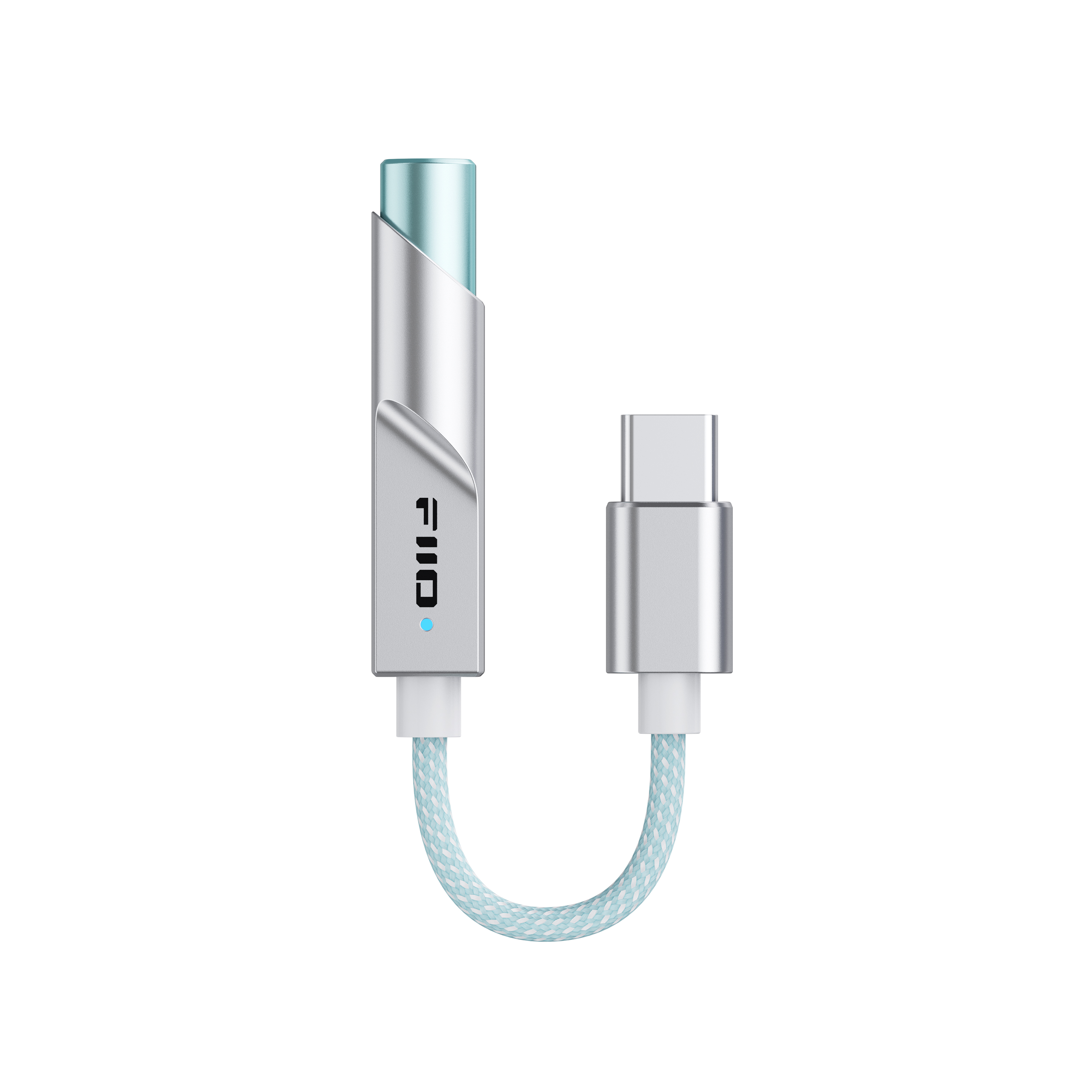 Adaptador de USB-C a conector de audio plateado con cable trenzado azul.