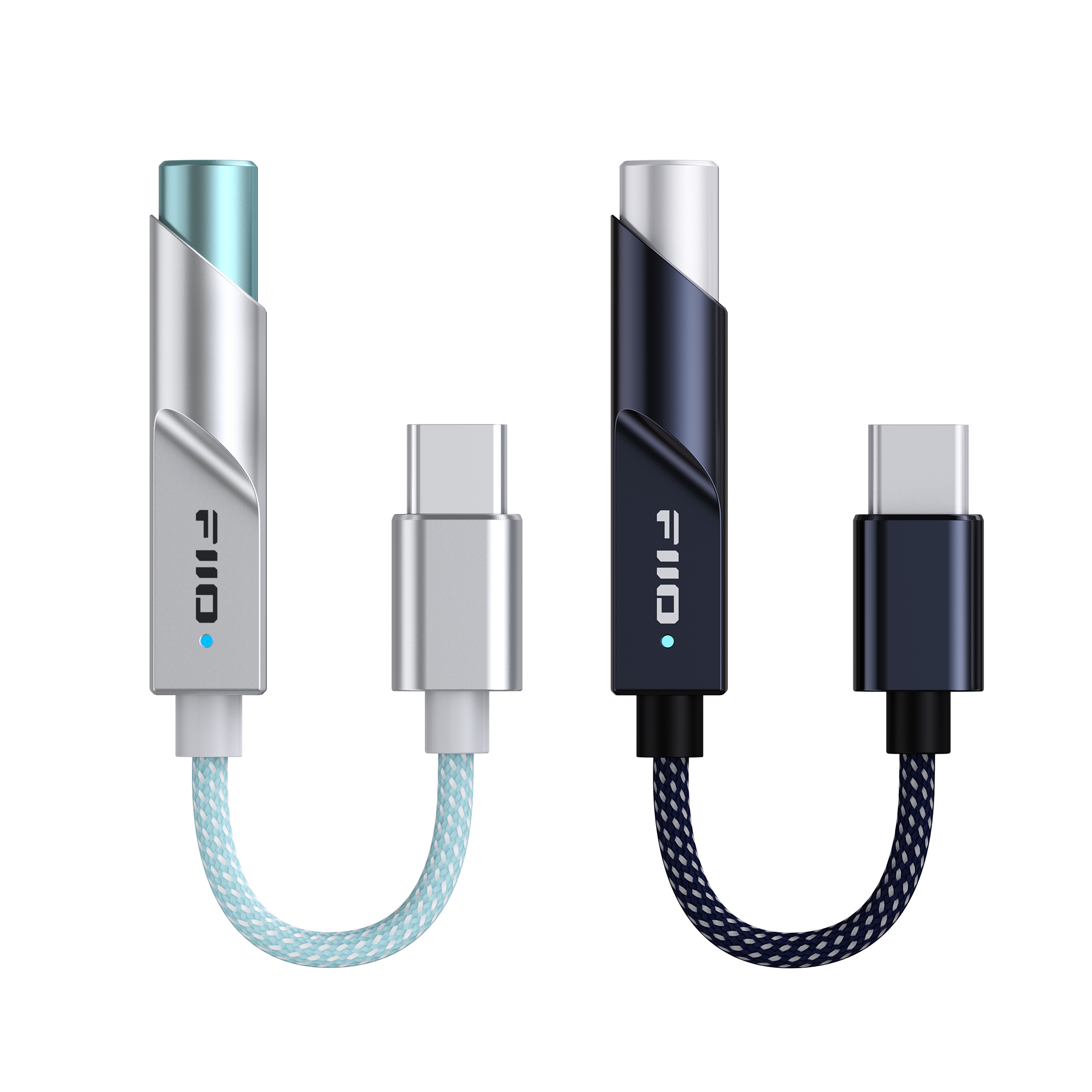 Dos adaptadores de audio USB-C con cables trenzados, uno en plata/azul claro y otro en negro.