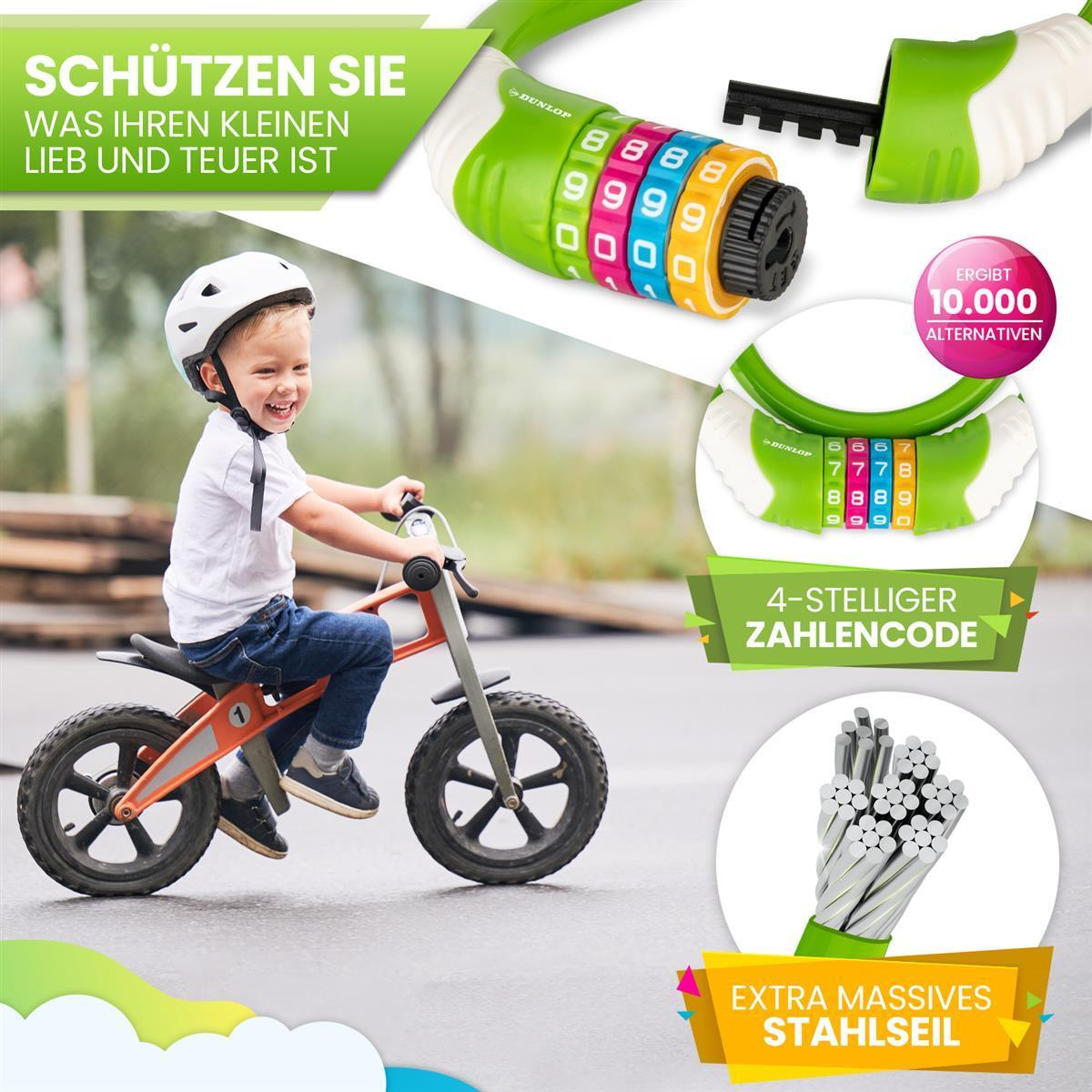 Ein Kind mit Helm fährt Laufrad. Oben rechts ist ein grünes Zahlenschloss mit Stahlseil zu sehen.