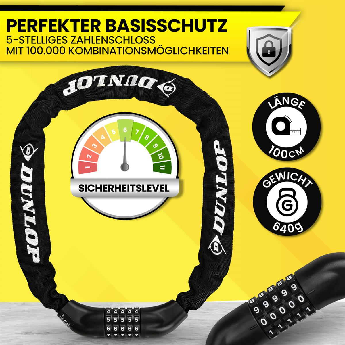 Dunlop Kettenschloss in Schwarz mit Zahlencode, 100 cm Länge und einem Gewicht von 640 g.