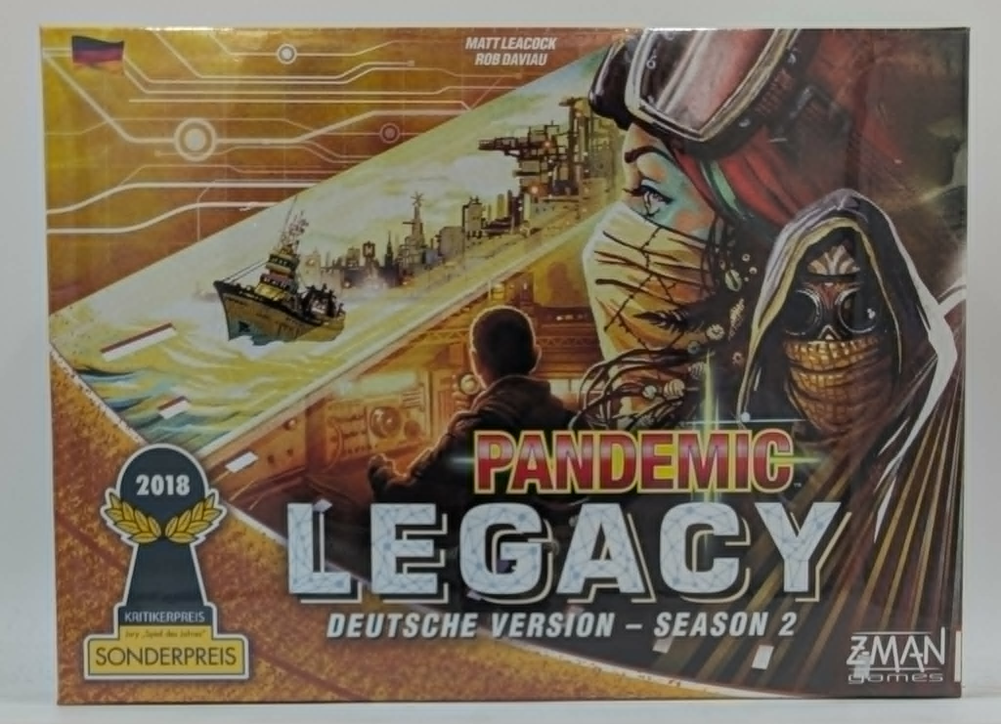 Brettspiel-Schachtel 'Pandemic Legacy Season 2' mit postapokalyptischen Charakteren und Schiff auf stürmischer See.
