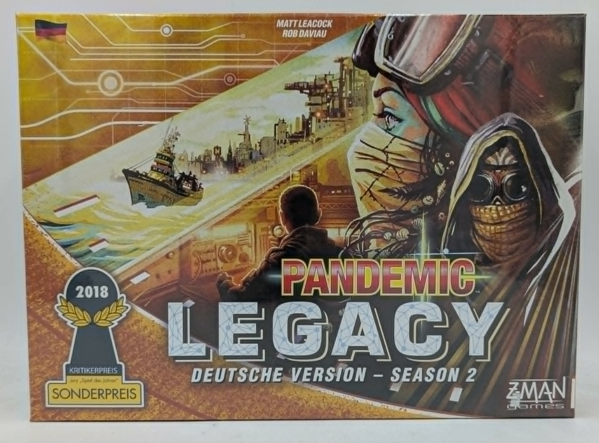 Brettspiel-Schachtel 'Pandemic Legacy Season 2' mit post-apokalyptischen Figuren und einer Stadt im Hintergrund.