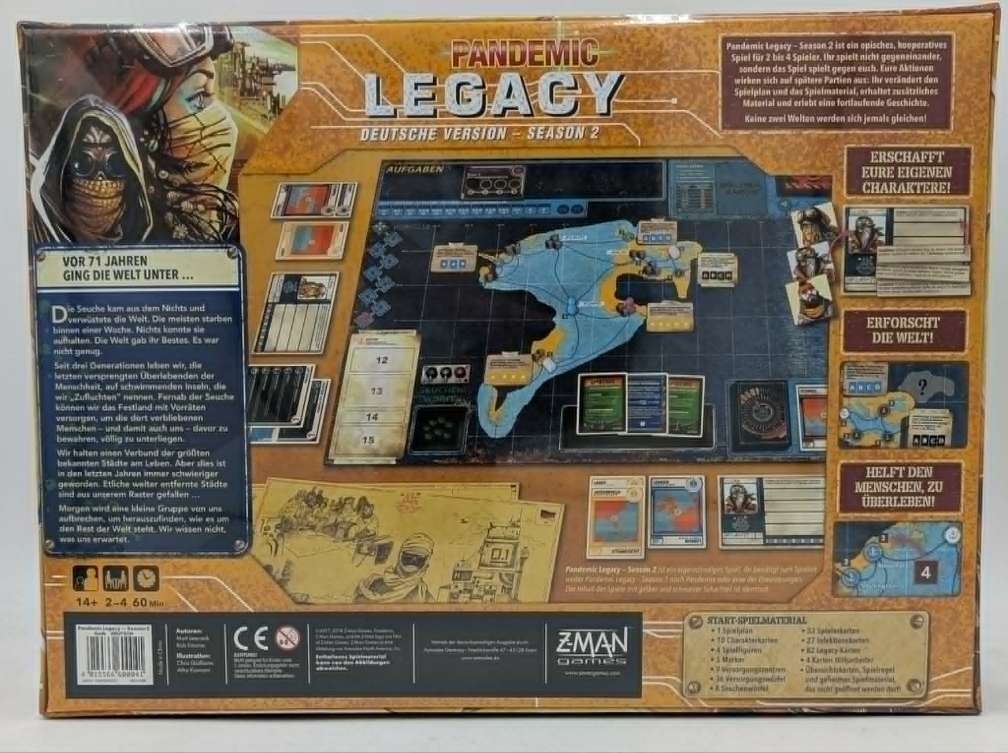 Rückseite der Brettspiel-Box von Pandemic Legacy Season 2, zeigt Spielbrett, Karten, Regeln und Szenario-Texte.