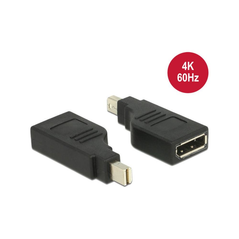 Zwei schwarze Mini-DisplayPort-zu-DisplayPort-Adapter vor weißem Hintergrund mit 4K-60Hz-Logo.
