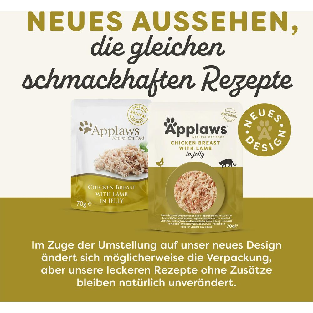 Altes und neues Design von Applaws Hähnchen mit Lamm in Jelly Katzenfutter Pouch.