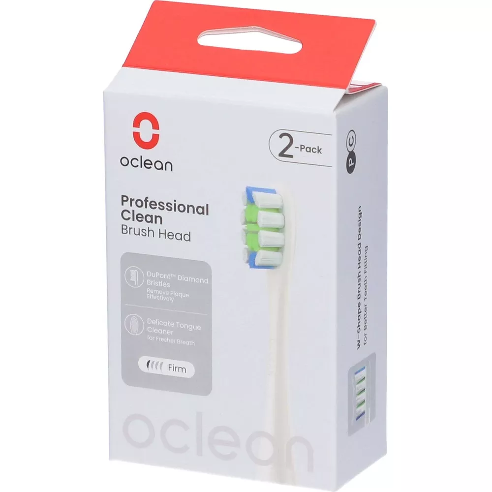 Weiße Oclean Professional Clean Zahnbürstenkopf-Verpackung mit roten Akzenten und 2-Pack-Aufschrift.