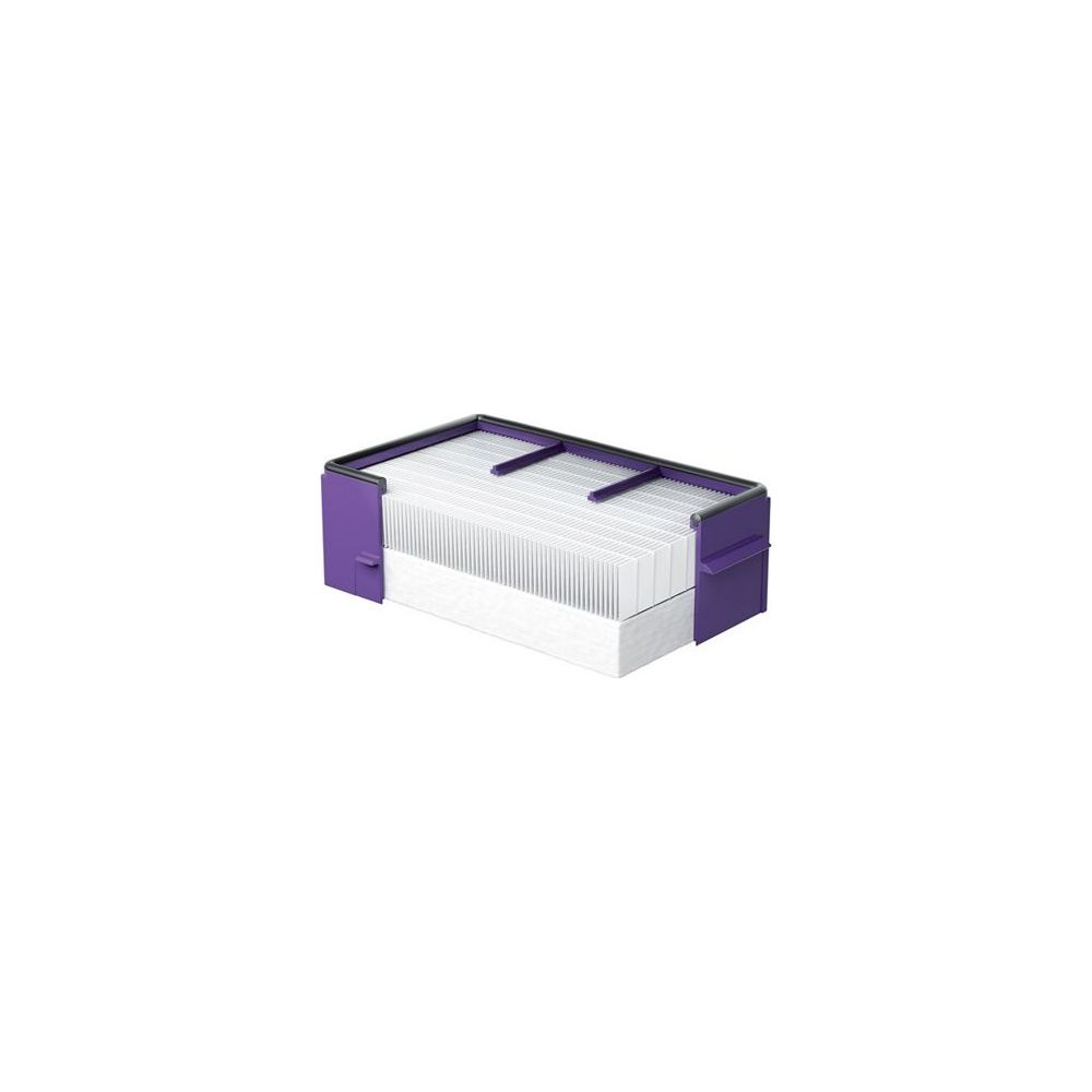 Un filtre à air rectangulaire avec matériau plissé blanc et embouts en plastique violet sur fond blanc.