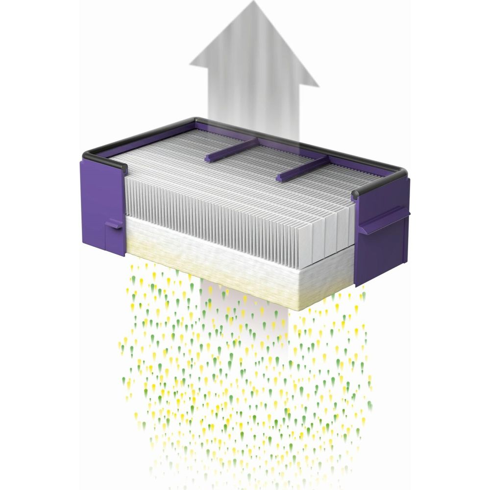 Un filtre rectangulaire à cadre violet montre la filtration de l'air avec des particules vertes et jaunes.