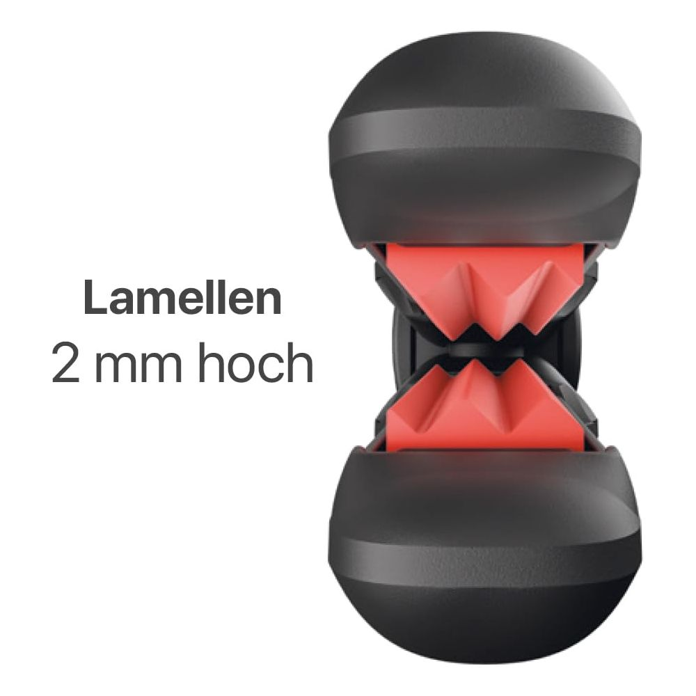 Supporto nero con lamelle rosse, altezza 2 mm, su sfondo chiaro.