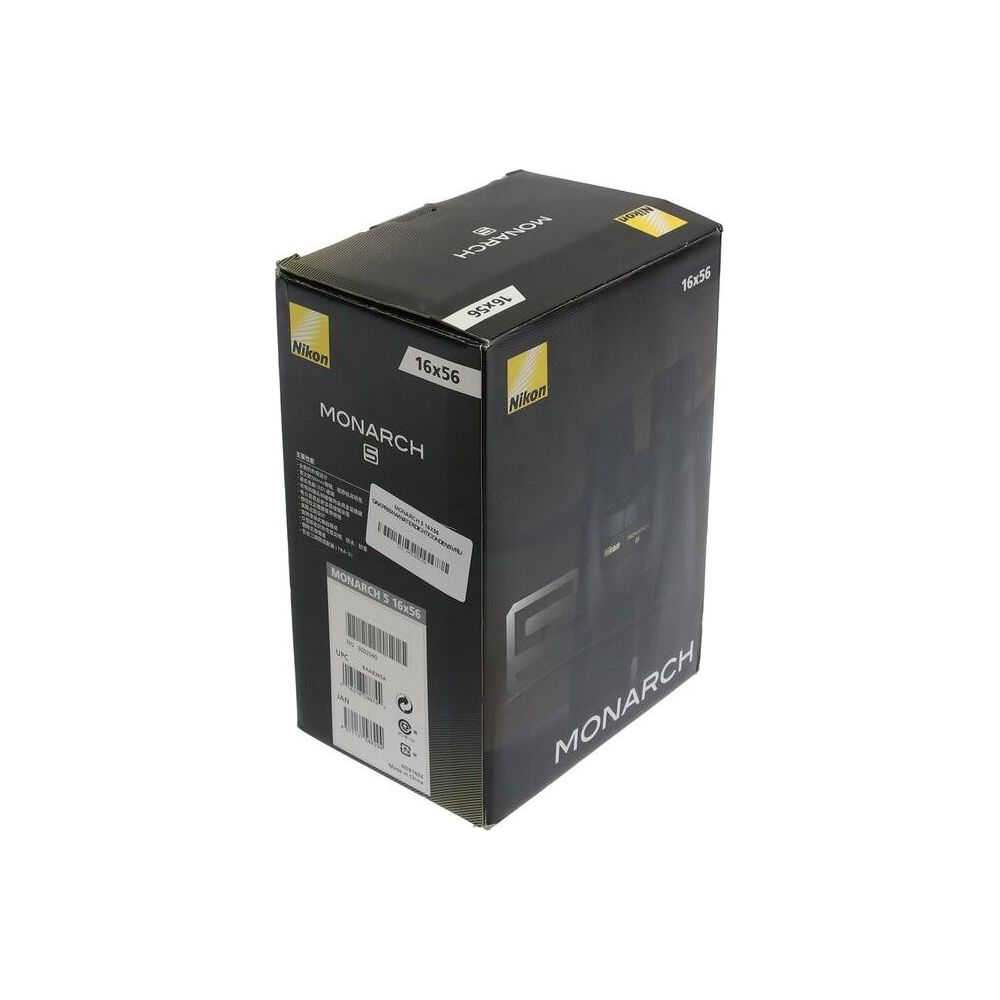 Una scatola di binocolo Nikon Monarch 5 16x56 nera su sfondo bianco.
