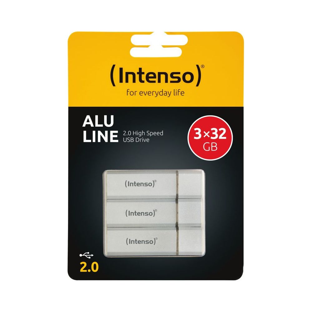 Paquete de 3 memorias USB Intenso Alu Line de 32GB cada una en su embalaje.