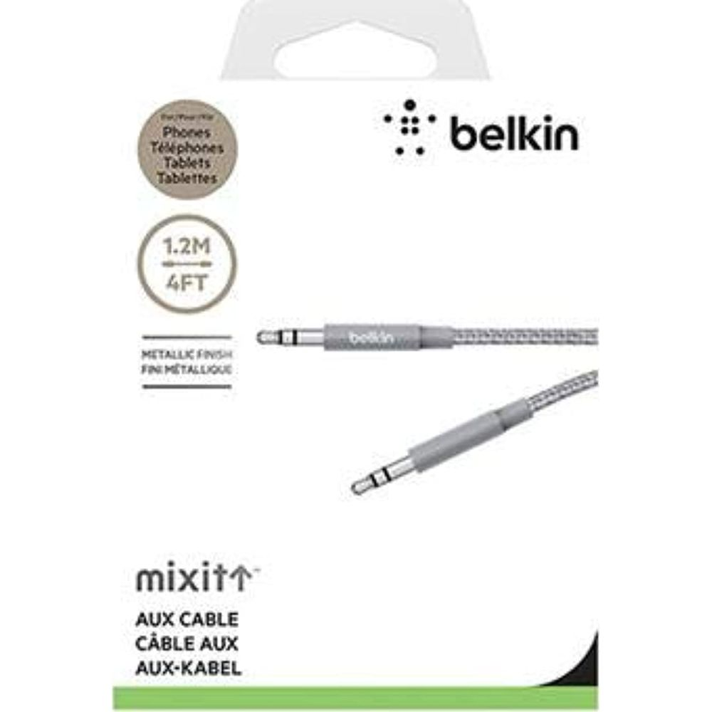 Belkin MixIt Aux-Kabel Verpackung zeigt silberne Klinkenstecker an einem geflochtenen Kabel.