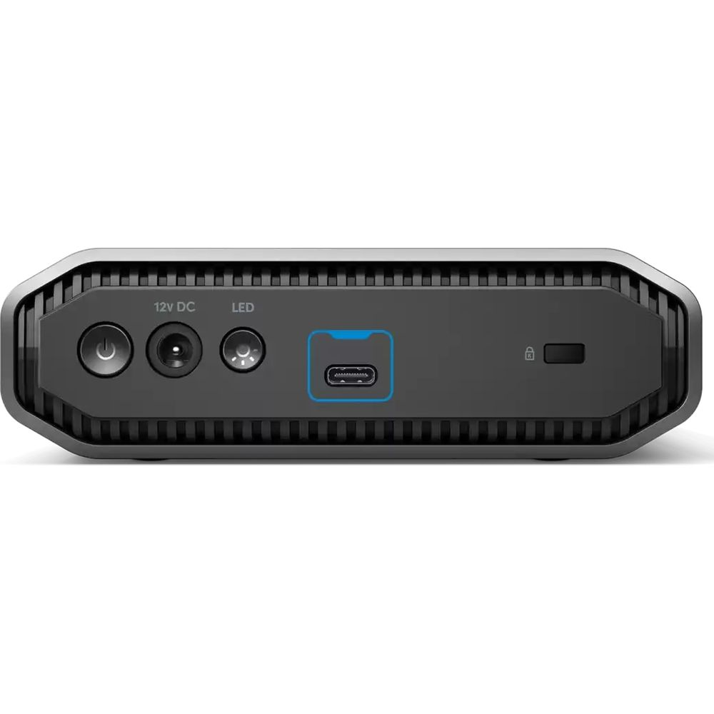 Vista frontal de un dispositivo compacto con botones redondos, conector de alimentación, interruptor LED y puerto USB-C.