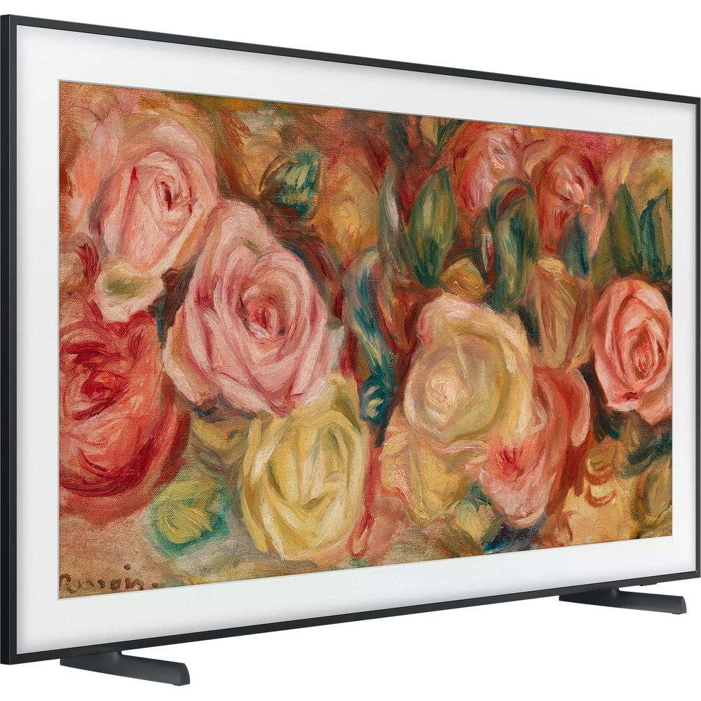 Ein Fernseher zeigt ein impressionistisches Gemälde von rosa, roten und gelben Rosen mit grünen Blättern.