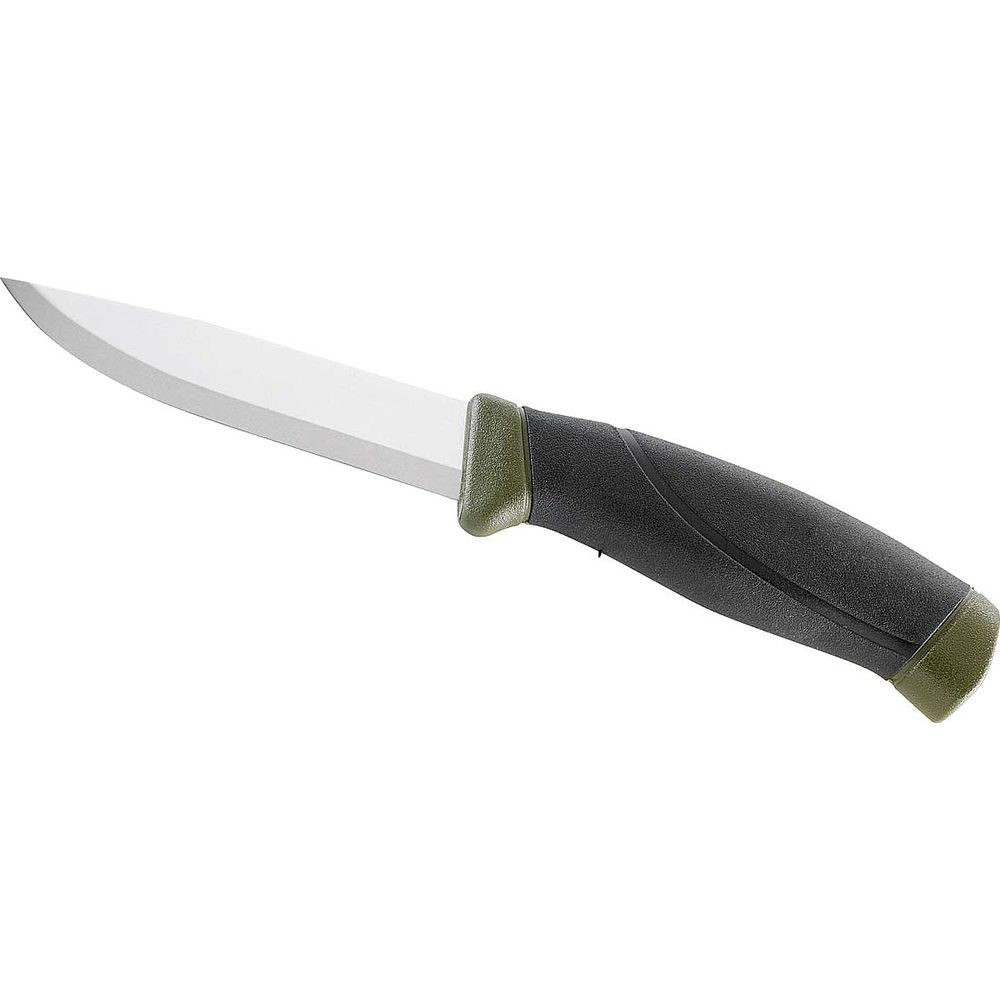 Ein feststehendes Messer mit einer silbernen Klinge und einem schwarz-grünen Kunststoffgriff vor weißem Hintergrund.