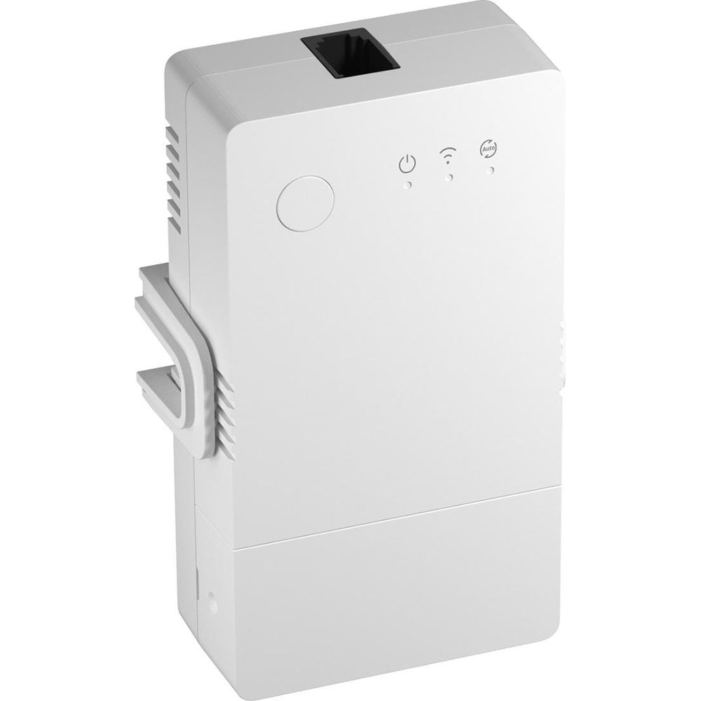 Un dispositivo de red blanco con un puerto RJ45 arriba, luces LED y un botón redondo en el frente.