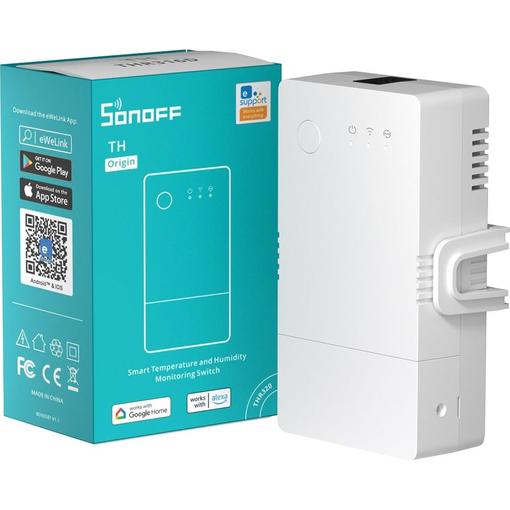 Un interruptor de temperatura inteligente Sonoff TH Origin blanco frente a su caja azul y blanca.