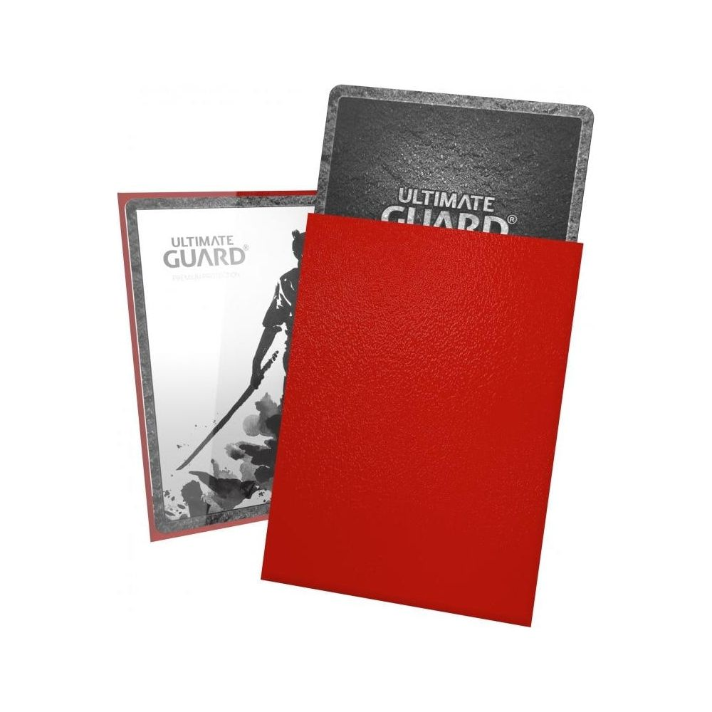 Des protège-cartes rouges Ultimate Guard présentent un graphique d'ombre de samouraï.