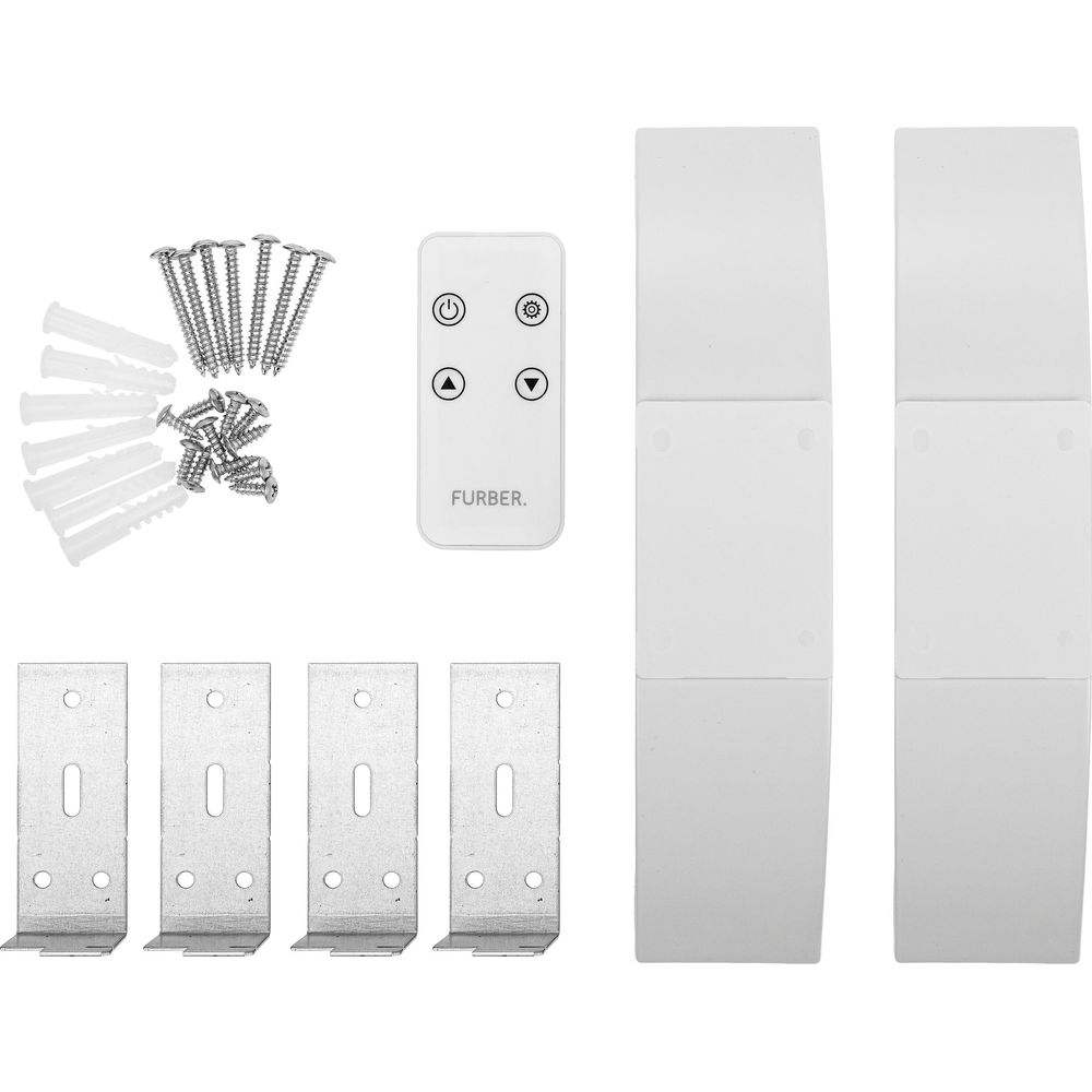 Kit di montaggio con due strisce bianche, quattro staffe metalliche, un piccolo telecomando e viti con tasselli.
