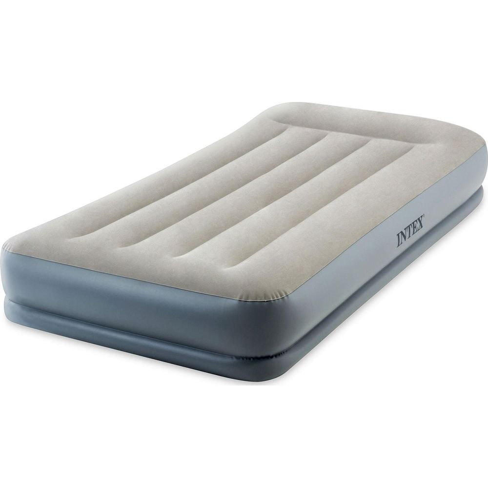 Eine Intex-Luftmatratze in Grau und Beige, isoliert auf weißem Hintergrund.