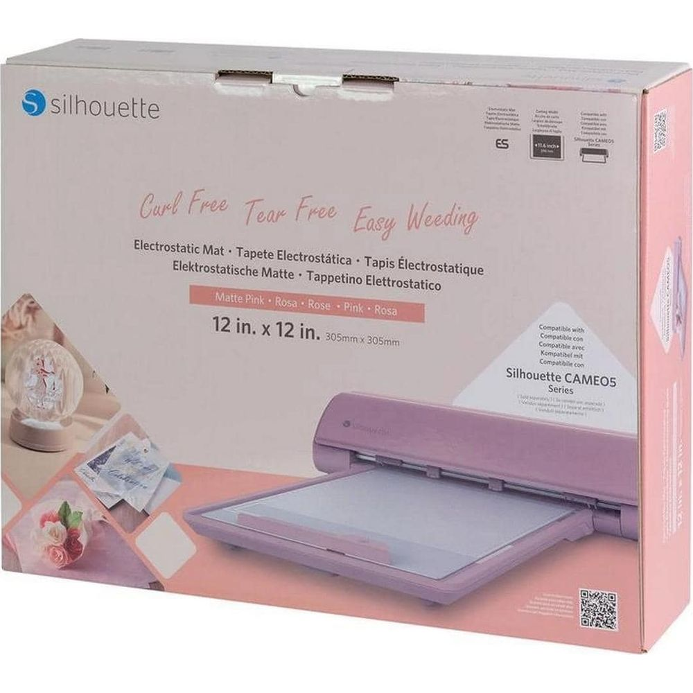 Produktverpackung für eine matte rosafarbene Silhouette elektrostatische Matte mit Produktbild und Details.