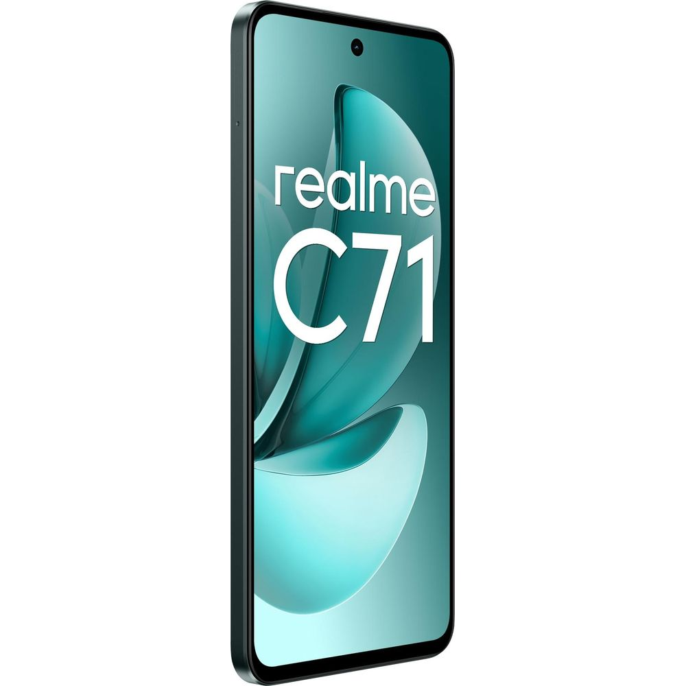 Ein nach links geneigtes Realme C71 Smartphone mit einem türkisfarbenen Bildschirm und weißem Text.