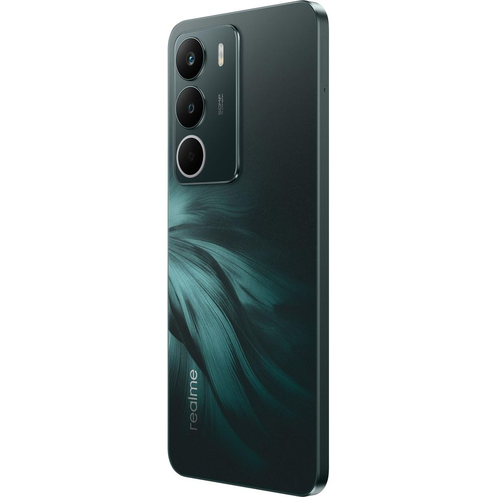 Grünes Realme Smartphone mit dreifacher Kamera und Muster auf der Rückseite.