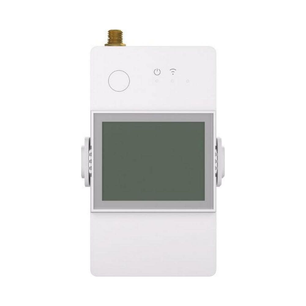 Un dispositivo elettronico bianco con schermo, porte e pulsanti di controllo su sfondo bianco.