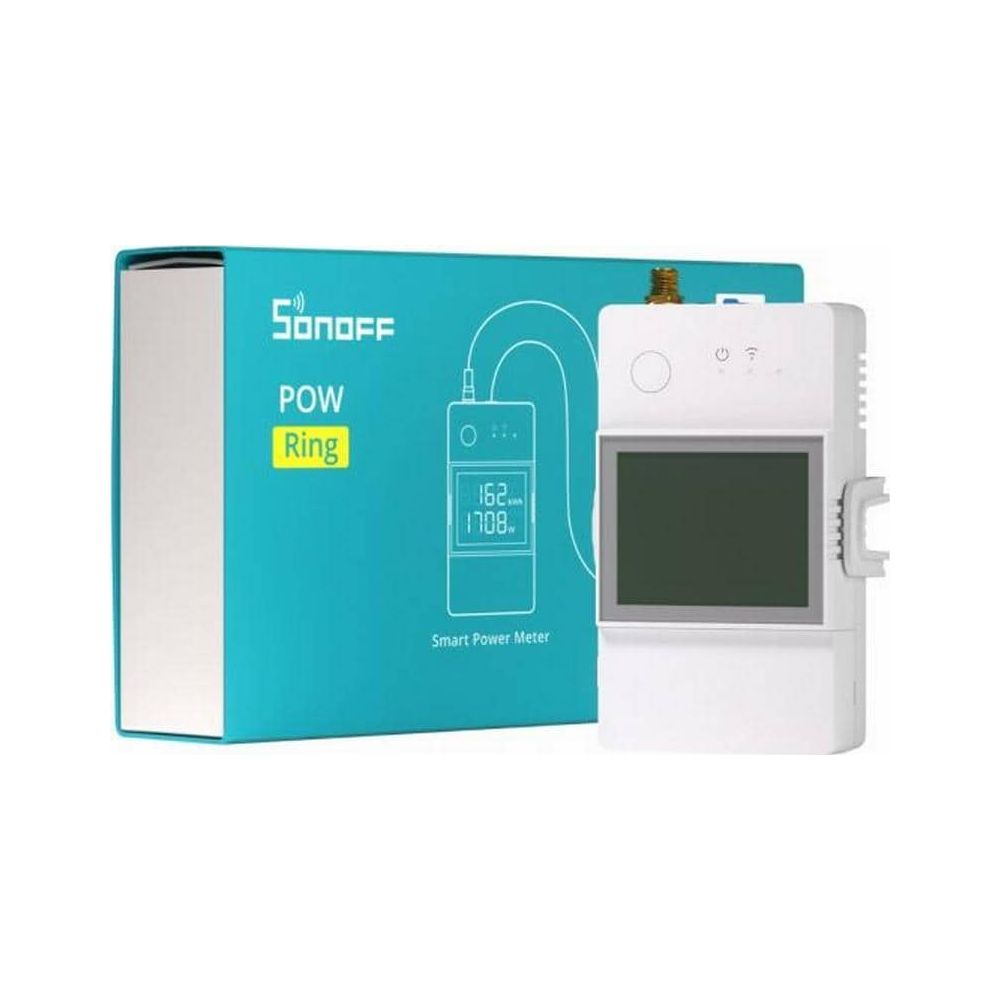 Un misuratore di energia smart Sonoff Pow Ring bianco davanti alla sua scatola azzurra.