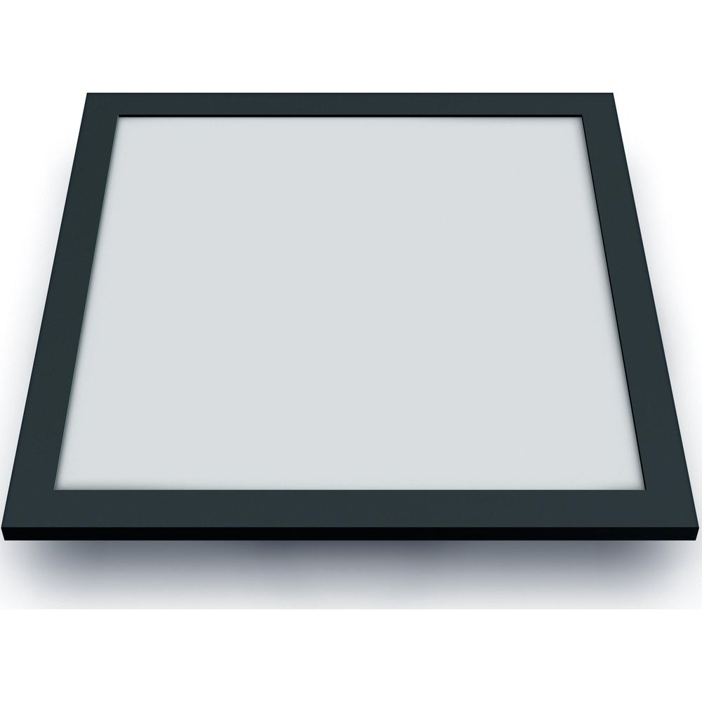 Ein quadratisches weißes LED-Panel mit einem schwarzen Rahmen auf einem weißen Hintergrund.