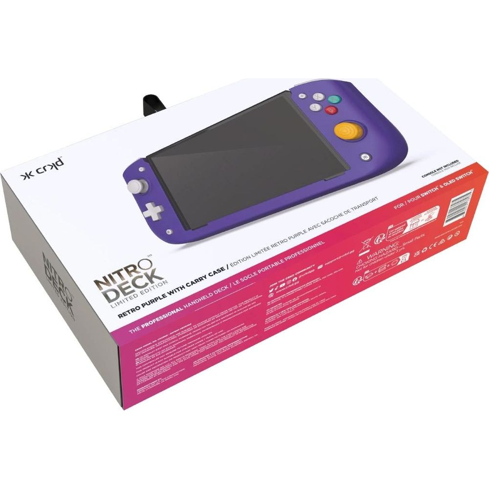 Eine Nitro Deck Limited Edition Verpackung in Retro-Violett mit einer tragbaren Konsole.