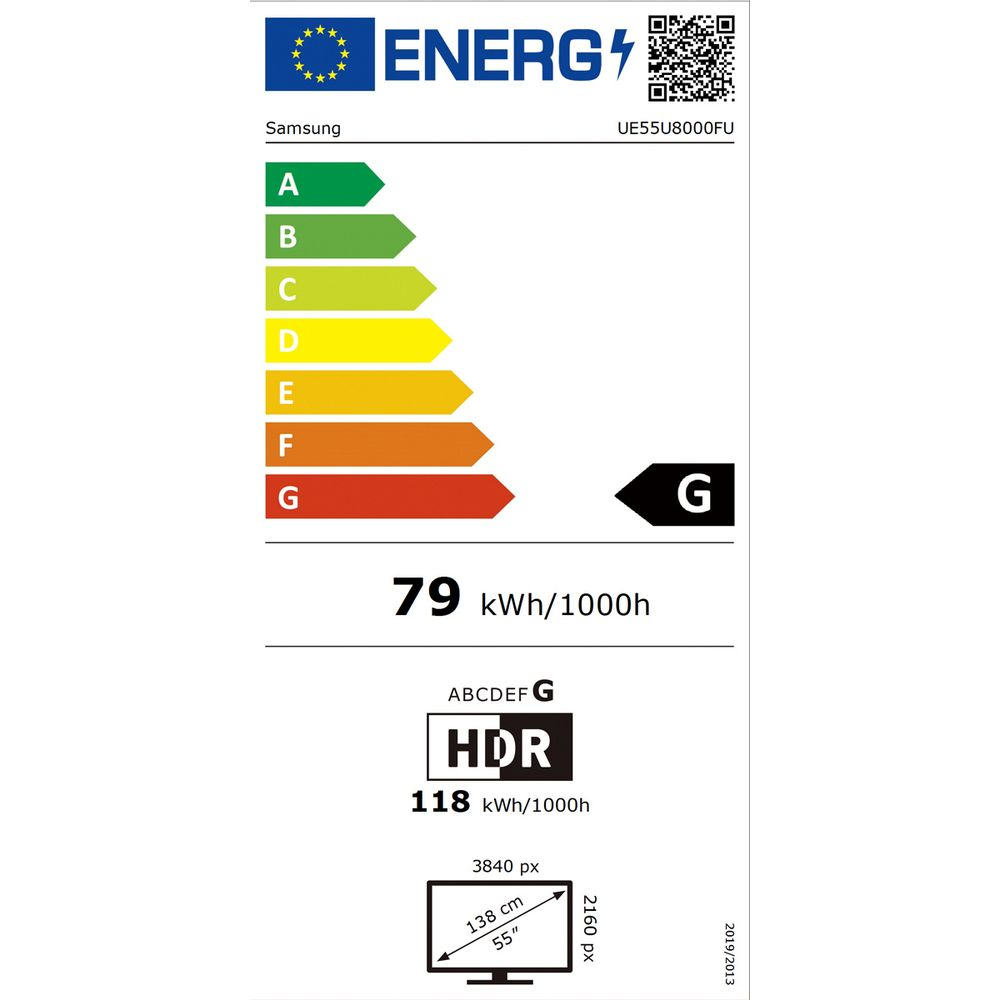 Samsung Fernseher Energieeffizienzlabel Stufe G, Energieverbrauch 79 kWh pro 1000 Stunden.