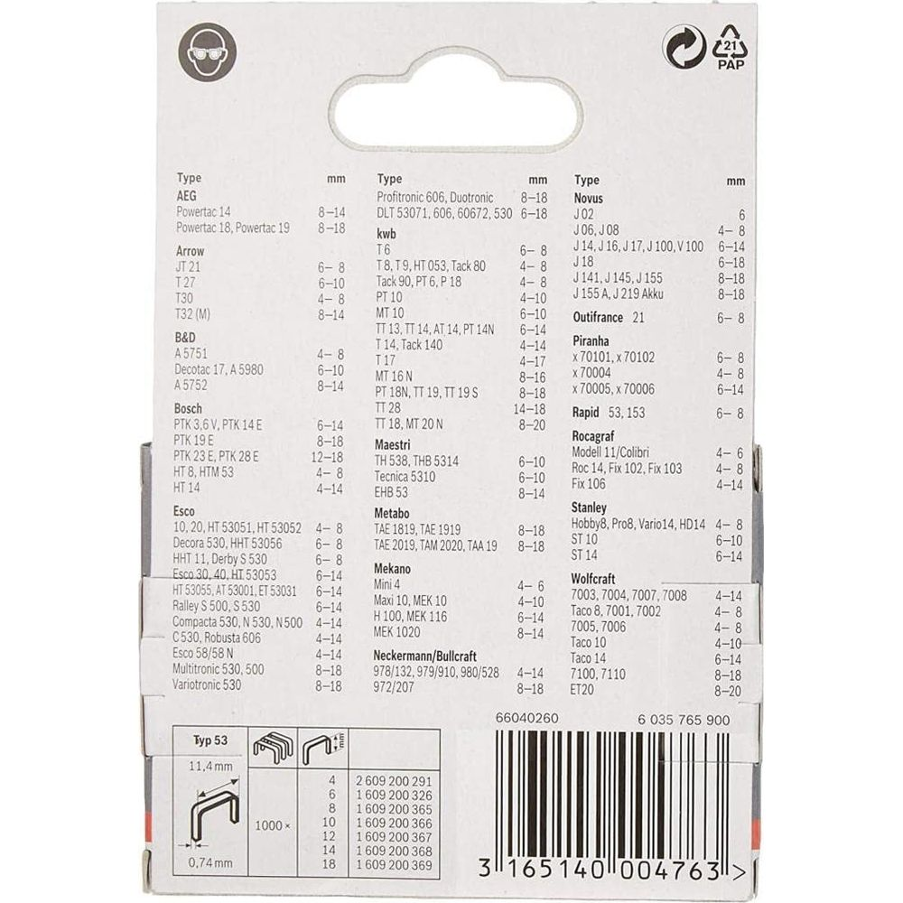 Rückseite einer Verpackung mit Tabellen zu kompatiblen Tackern und Klammergrößen, inklusive Barcode.